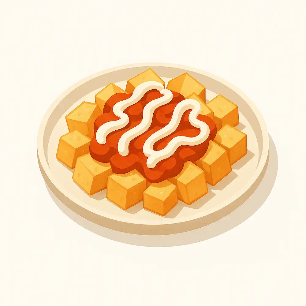 Ilustración isométrica 3D de patatas bravas con doble salsa.