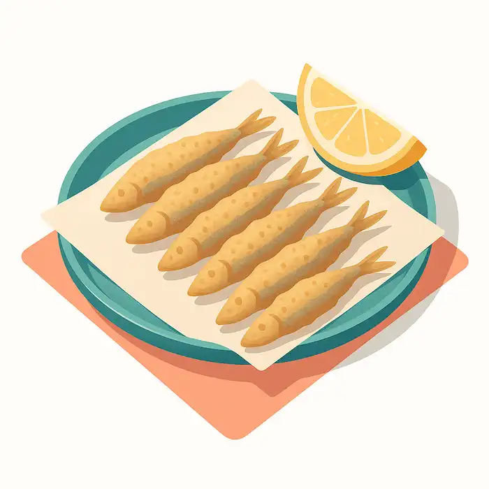 Ilustración isométrica 3D de boquerones fritos recién hechos.