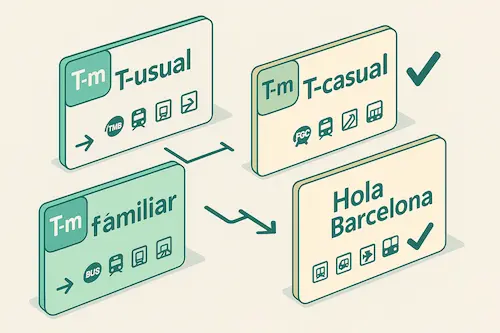 Infografía isométrica 3D que compara T-usual, T-casual, T-familiar y Hola Barcelona