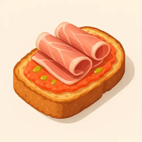 Ilustración isométrica 3D de pan con tomate con lonchas de jamón.
