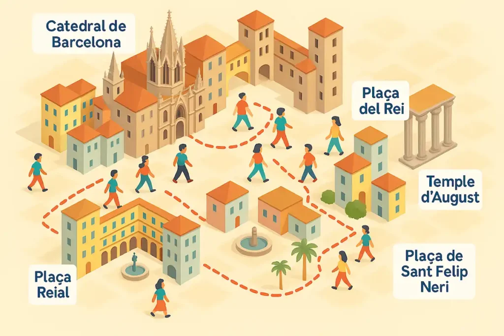 qué ver en el Barrio Gótico de Barcelona en 2 horas, ilustración isométrica de la ruta con Catedral, Pont del Bisbe, Plaça del Rei, Temple d’August, Sant Felip Neri y Plaça Reial