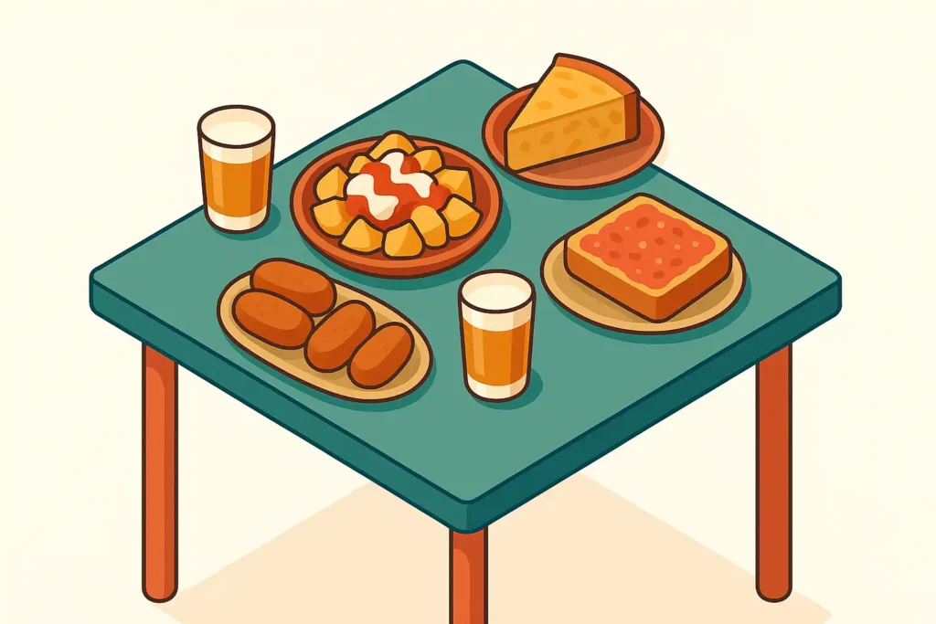 Ilustración isométrica 3D de una mesa con tapas típicas de Barcelona.